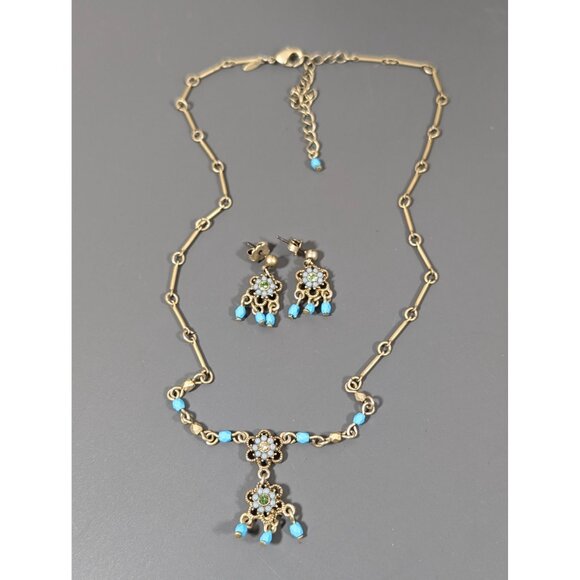 Avon Blue FLower Gold Tone Matte Fringe Charm Boho Western Necklace Earring Set - Picture 1 of 7